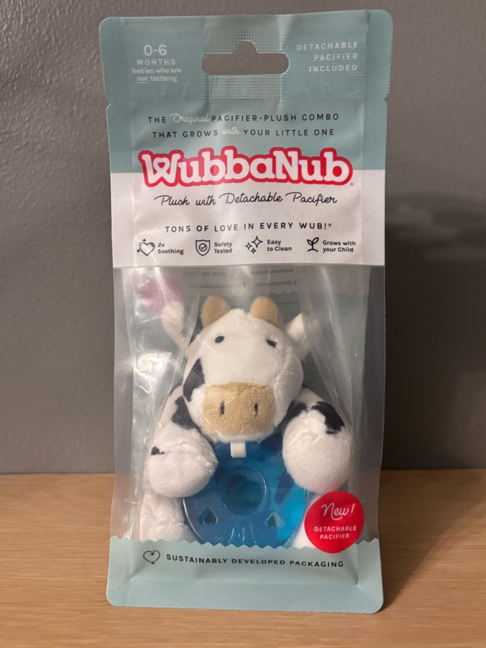 NWT Cow Plush with Blue Detachable Pacifier - Baby Soothing Toy (0-6 Months)